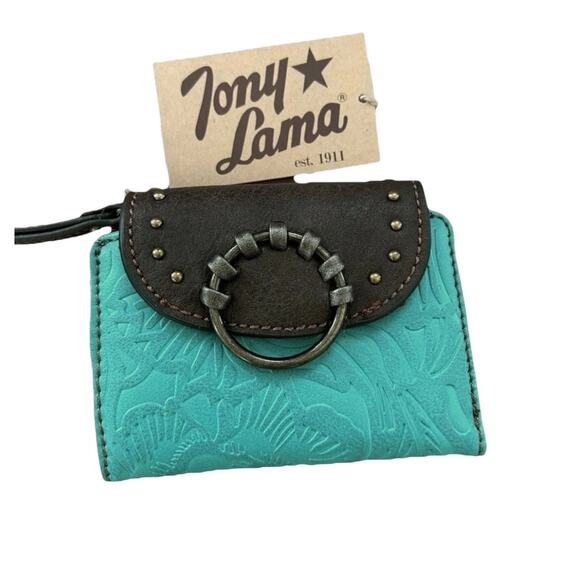 NWT! Tony Lama Western Studded Brown Turquoise Tooled Wristlet Wallet - Picture 3 of 9